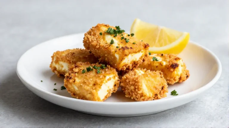 Köstlicher panierter Schafskäse, frisch aus dem Airfryer, perfekt knusprig und goldbraun.