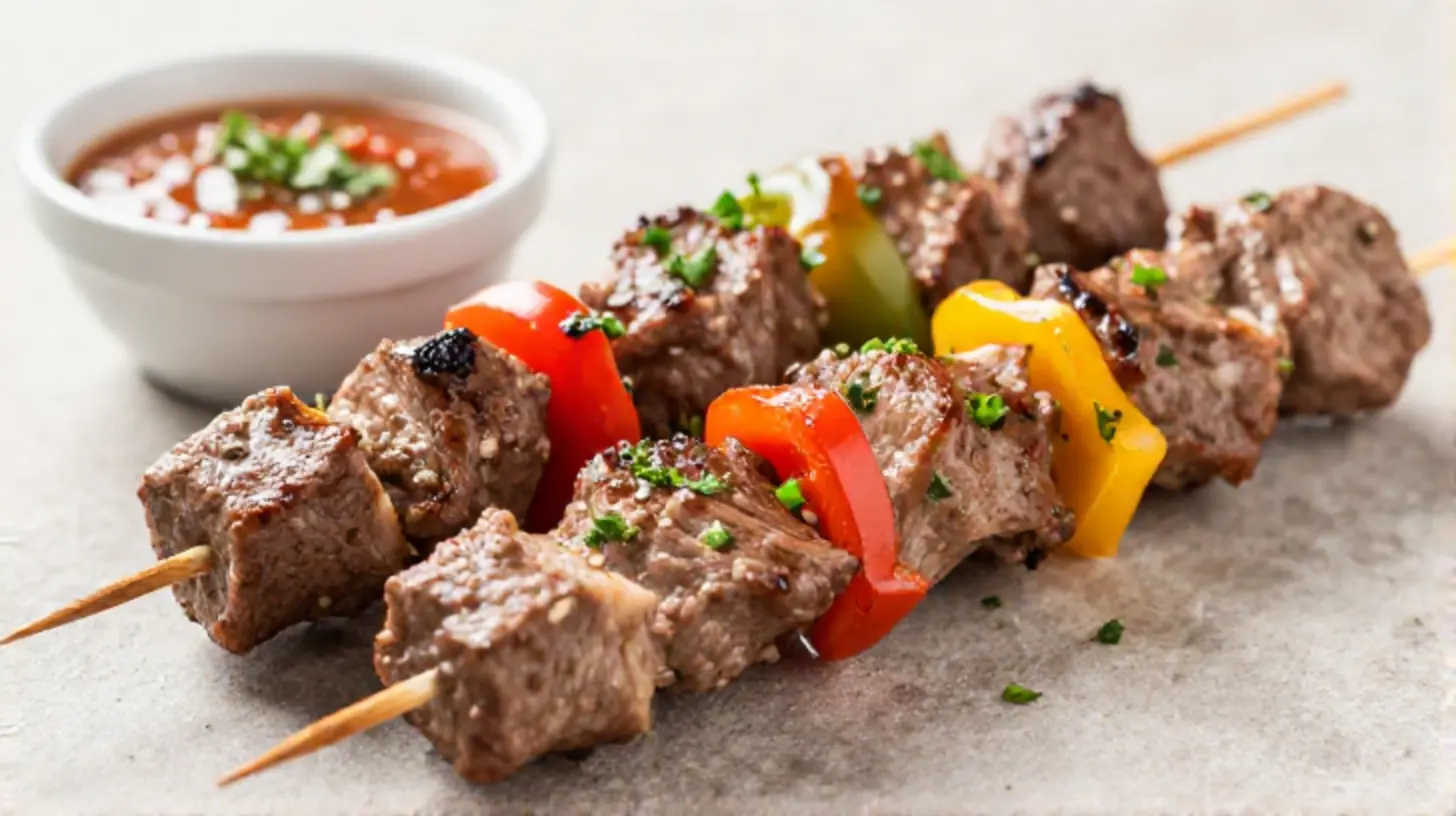 Leckeres Schaschlik im Airfryer, perfekt zubereitet mit saftigen Fleischstücken und buntem Gemüse.