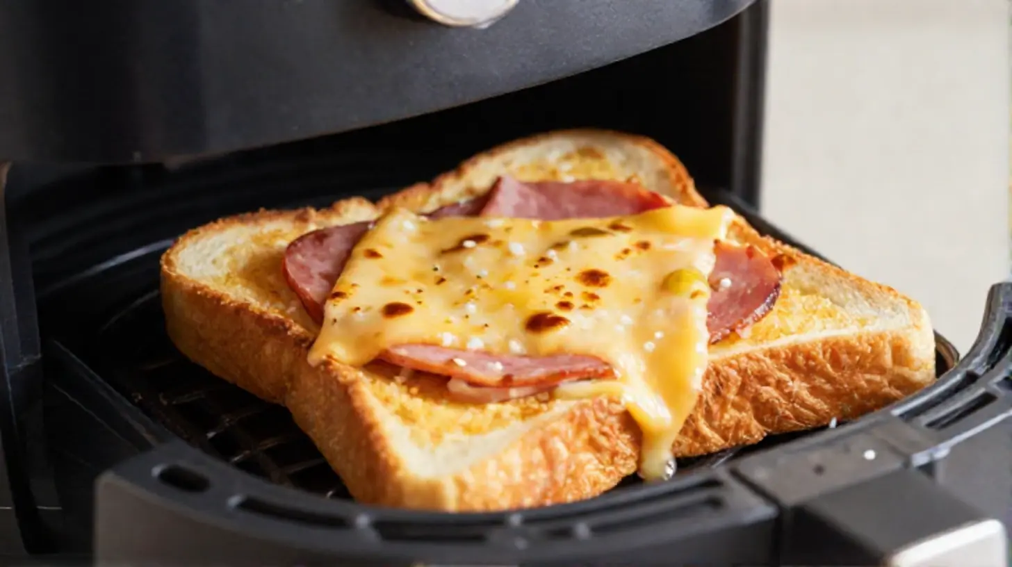 Leckere Schinken-Käse-Toasts, die im Airfryer perfekt knusprig zubereitet werden.