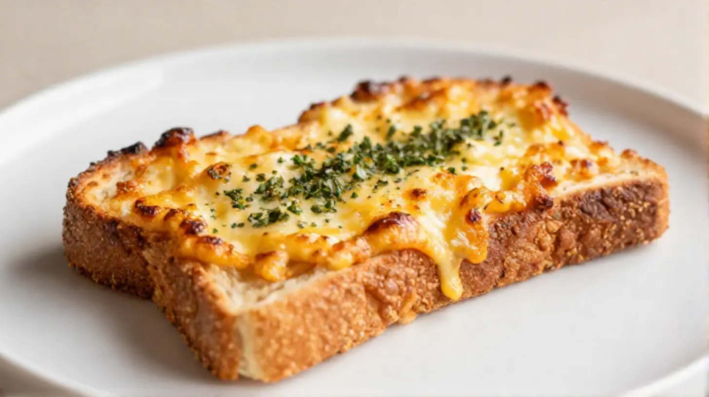Köstlicher Toast überbacken im Airfryer mit goldbraunem Käse und frischen Kräutern.