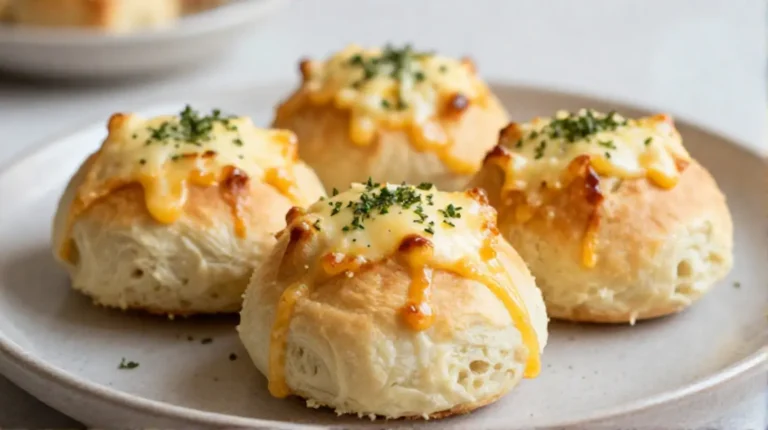Leckere überbackene Brötchen aus dem Airfryer mit geschmolzenem Käse und frischen Kräutern.