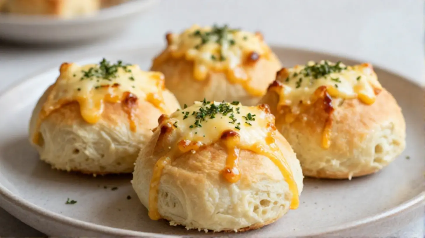 Leckere überbackene Brötchen aus dem Airfryer mit geschmolzenem Käse und frischen Kräutern.