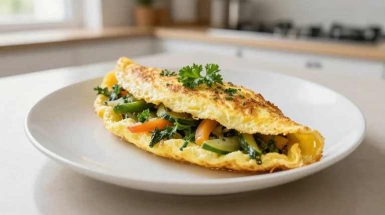 Leckeres Bauernomelett aus der Heißluftfritteuse mit frischem Gemüse und Käse.