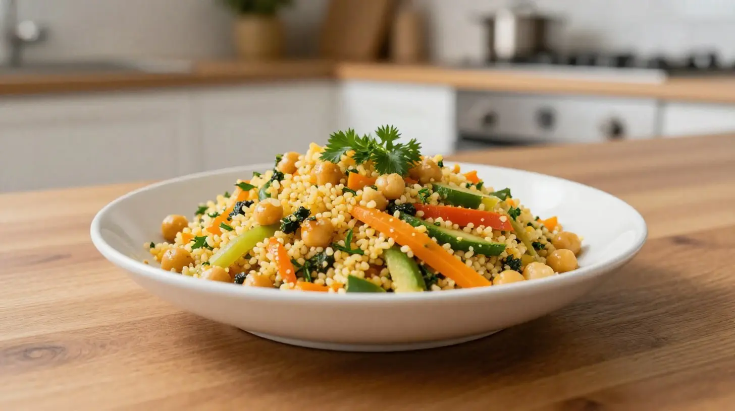 Leckere Couscous-Pfanne aus der Heißluftfritteuse mit frischem Gemüse und Gewürzen.