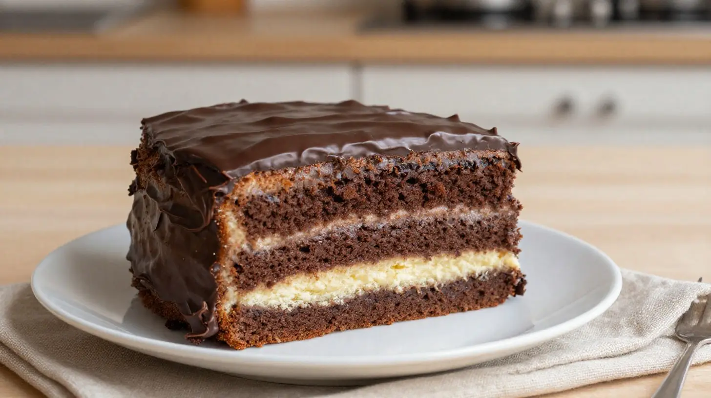 Leckere Donauwelle im Airfryer gebacken, mit schokoladiger Glasur und fruchtiger Kirschfüllung.