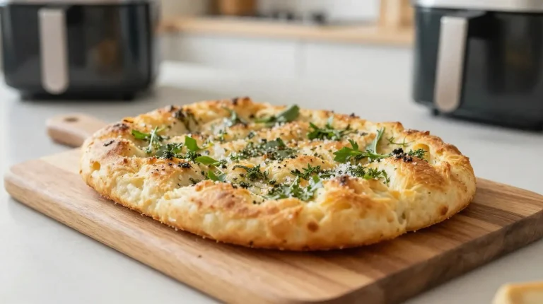 Köstliche Focaccia aus der Heißluftfritteuse mit frischen Kräutern und goldbraunem Belag.
