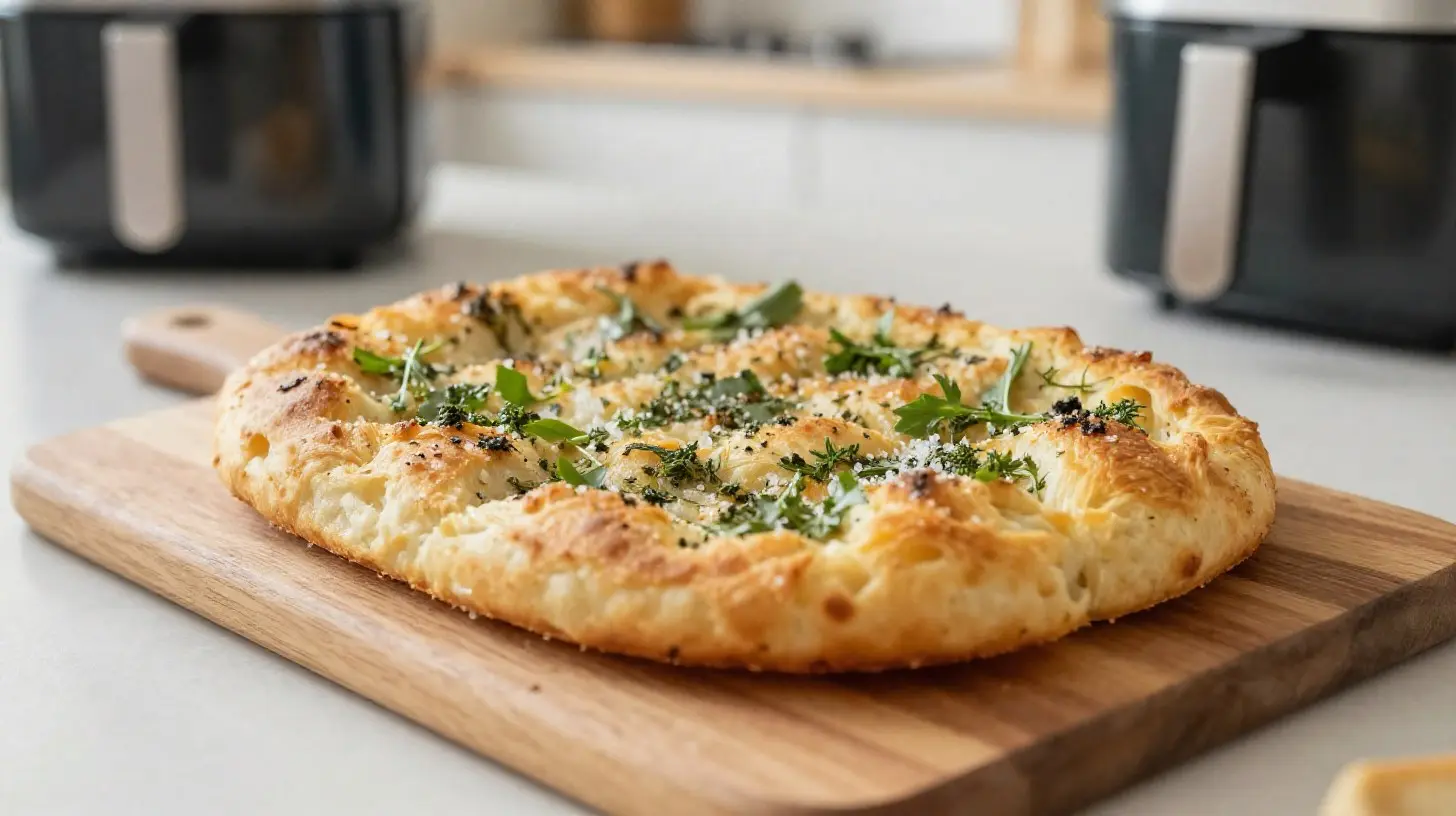 Köstliche Focaccia aus der Heißluftfritteuse mit frischen Kräutern und goldbraunem Belag.