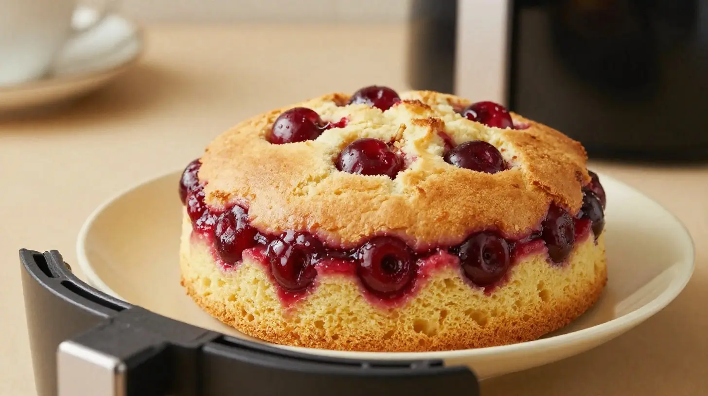 Saftiger Kirschkuchen aus der Heißluftfritteuse mit knusprigem Belag.