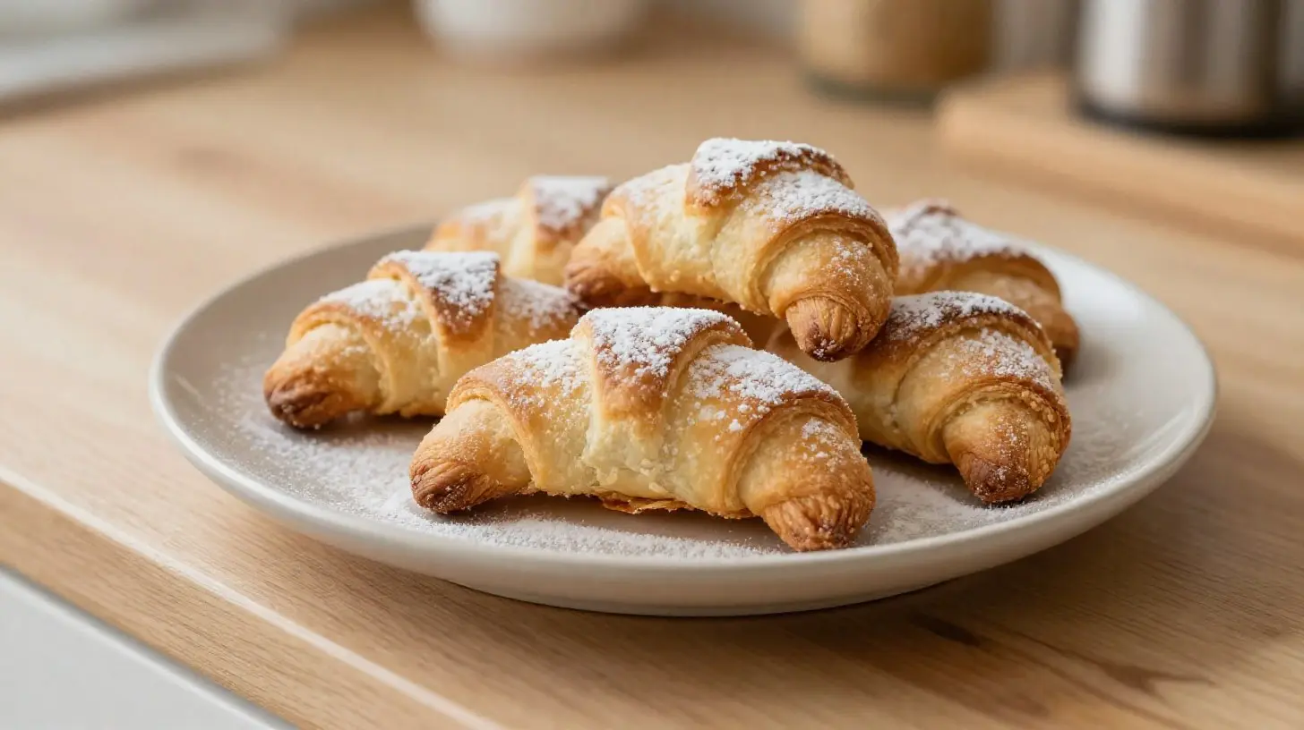 Leckere Mandelhörnchen aus der Heißluftfritteuse, perfekt gebacken und knusprig.