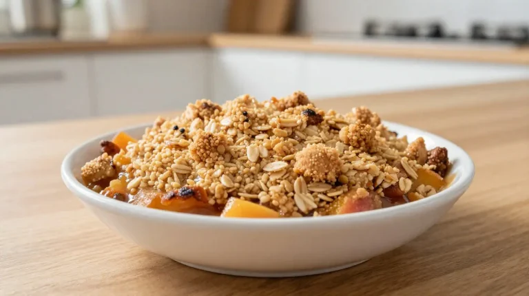 Leckeres Nektarinen-Crumble aus der Heißluftfritteuse mit knuspriger Kruste.