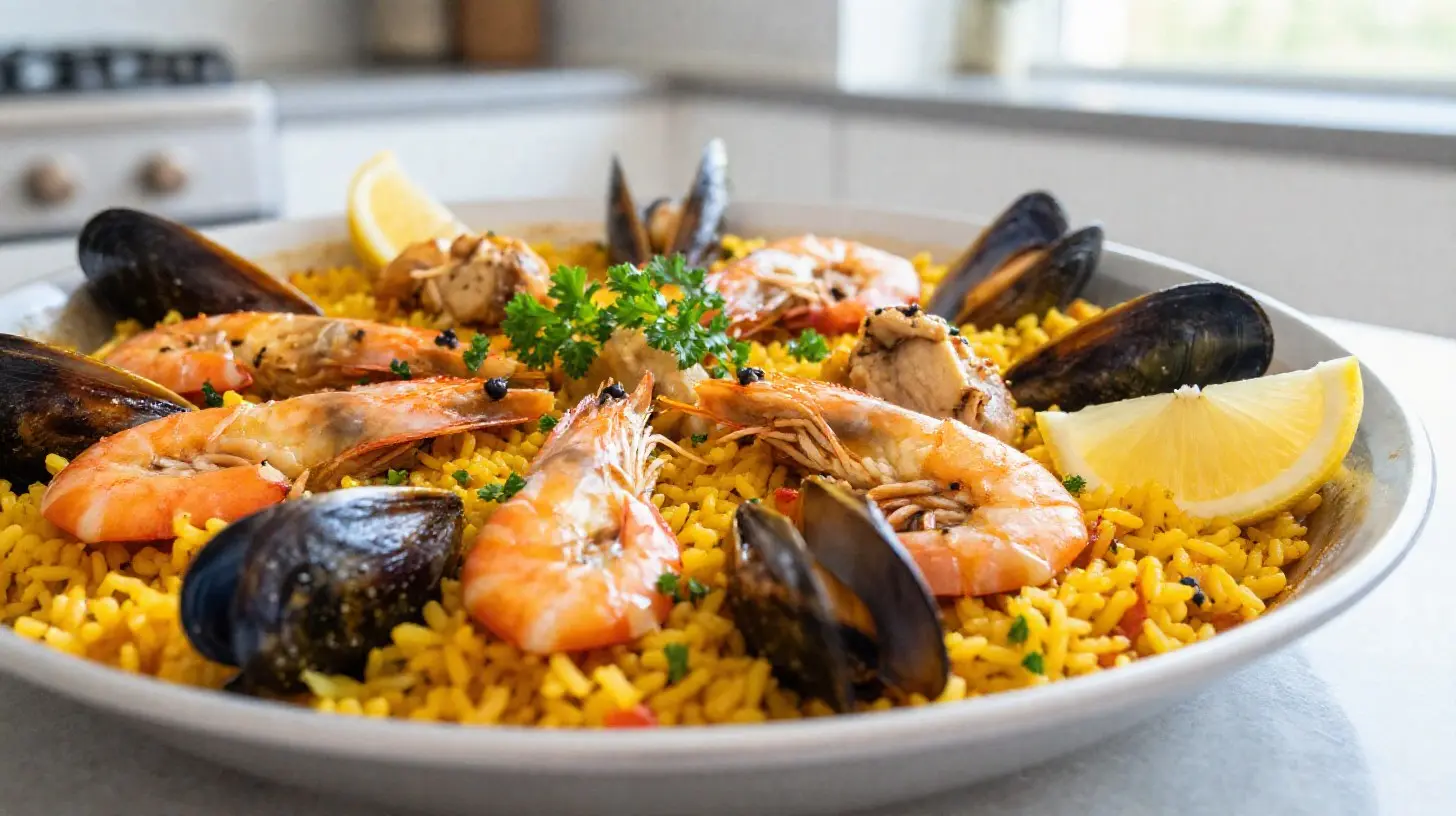 Leckere Paella aus der Heißluftfritteuse mit frischen Meeresfrüchten und buntem Gemüse.