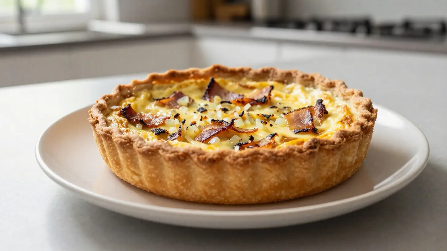 Leckere Quiche Lorraine, perfekt zubereitet im Airfryer mit goldbraunem Teig und frischem Gemüse.