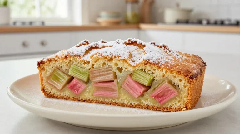 Saftiger Rhabarberkuchen aus der Heißluftfritteuse mit knusprigem Belag.