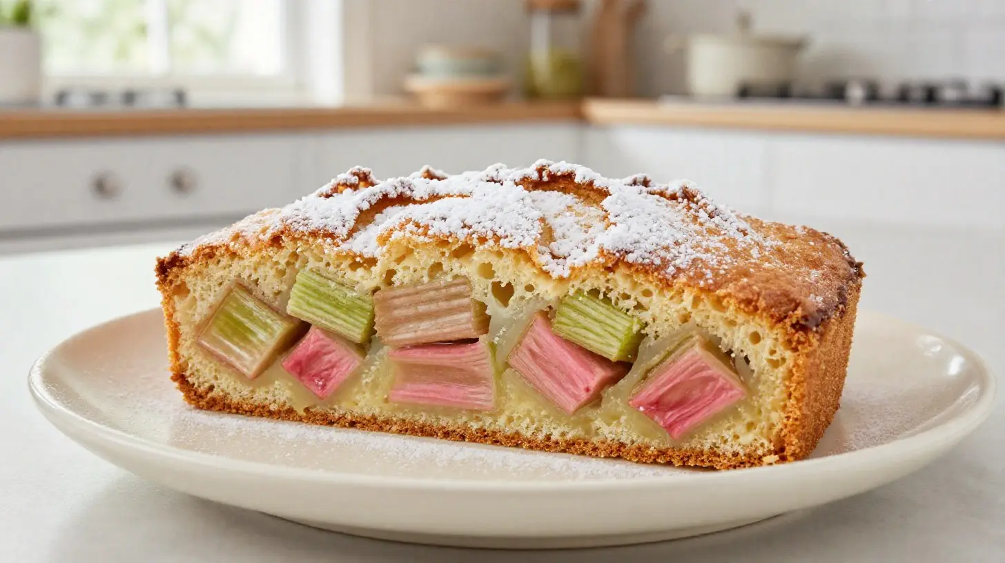 Saftiger Rhabarberkuchen aus der Heißluftfritteuse mit knusprigem Belag.