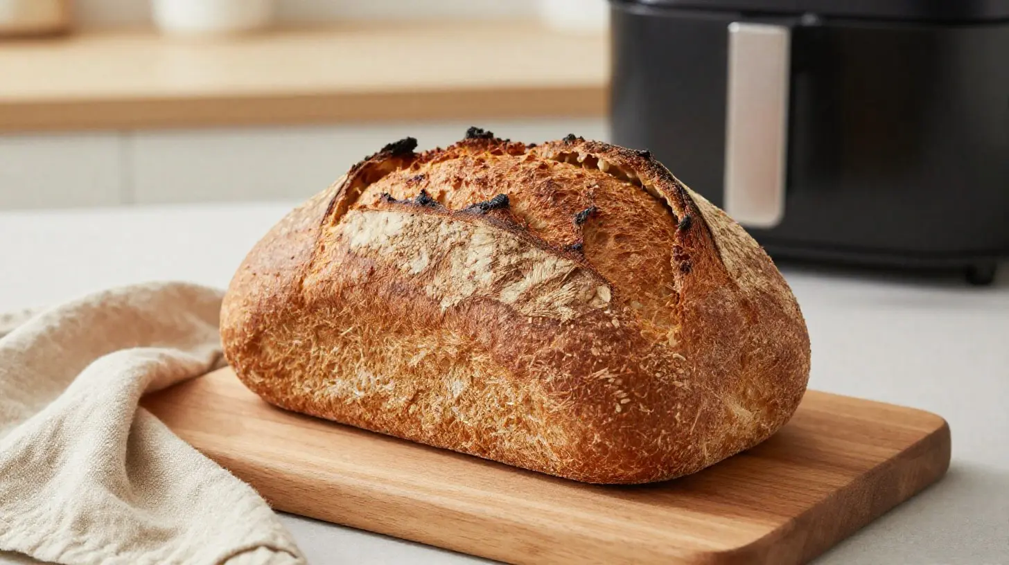 Leckeres Roggenbrot, das in der Heißluftfritteuse perfekt gebacken wurde und eine knusprige Kruste hat.