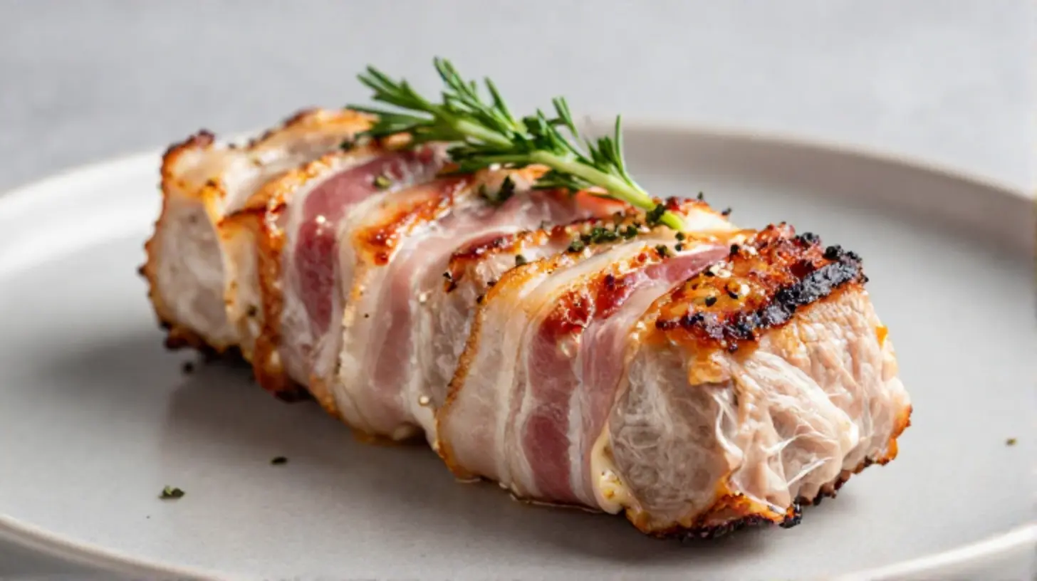 Saftiges Schweinefilet im Speckmantel zubereitet im Airfryer für eine leckere, gesunde Mahlzeit.