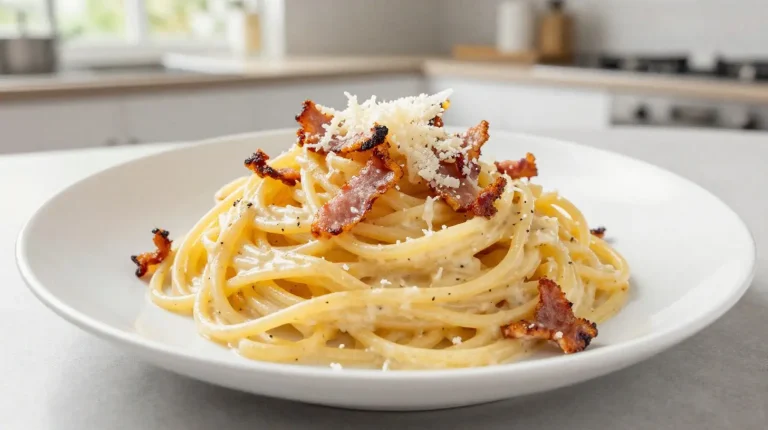 Leckere Spaghetti Carbonara aus der Heißluftfritteuse mit cremiger Sauce und knusprigem Speck.