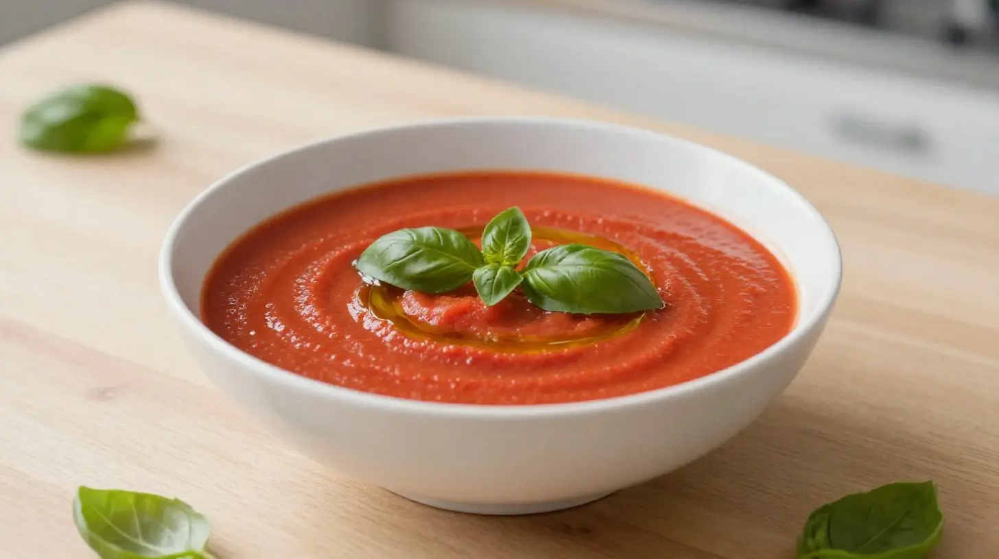 Leckere Tomatensuppe, die im Airfryer zubereitet wurde, perfekt für eine schnelle Mahlzeit.