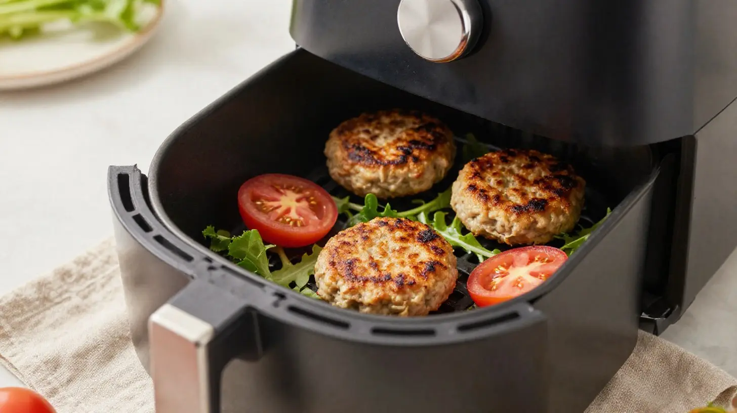 Leckere vegane Burgerpatties, die im Airfryer knusprig gebraten werden.