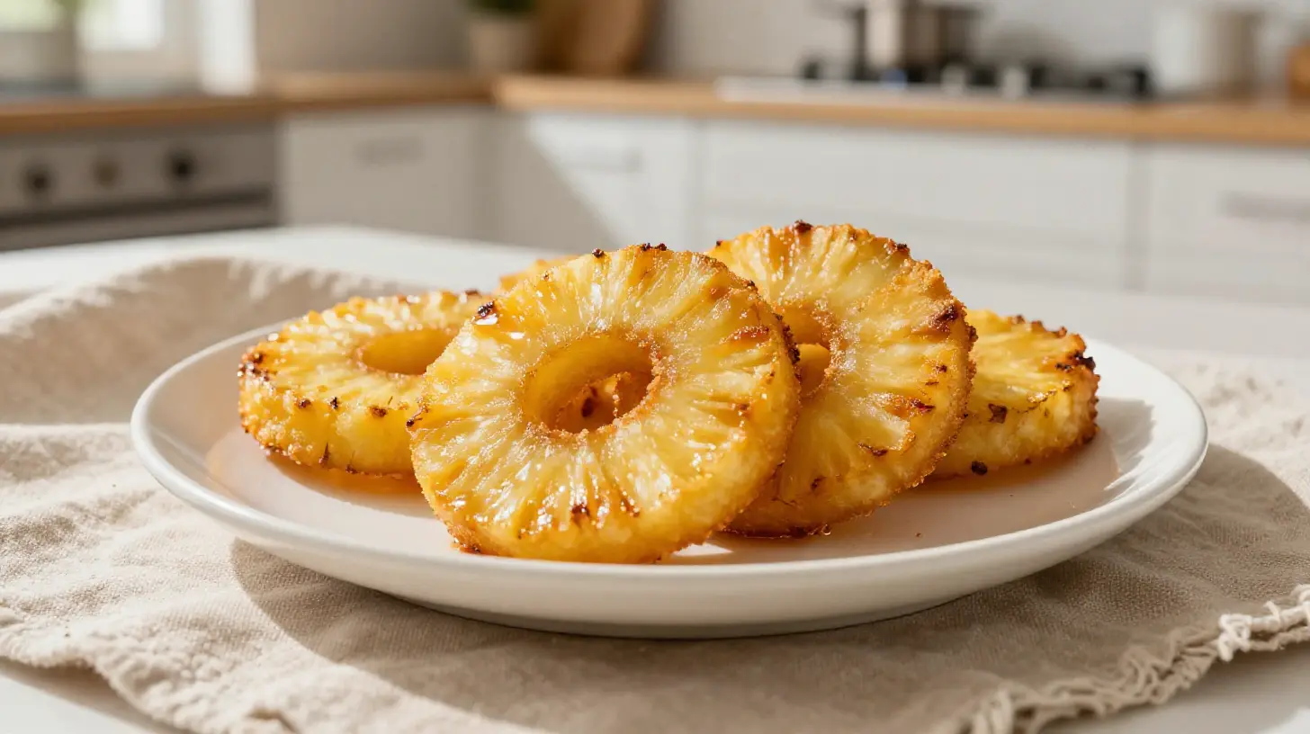 Gebackene Ananas-Ringe aus der Heißluftfritteuse mit perfekter Karamellisierung.