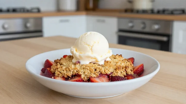 Leckeres Erdbeer-Rhabarber-Crumble perfekt zubereitet im Airfryer für einen süßen Genuss.
