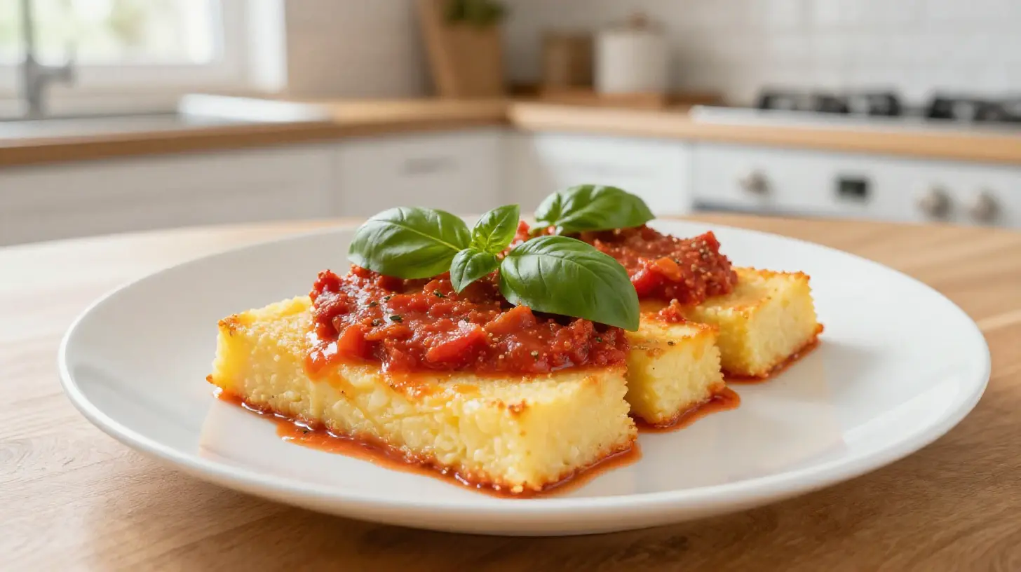 Gebackene Polenta mit einer aromatischen Tomatensauce aus der Heißluftfritteuse.