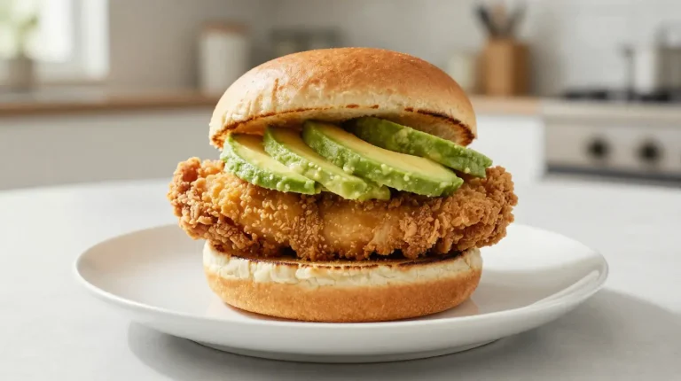 Leckerer Hähnchenburger mit Avocado, zubereitet in der Heißluftfritteuse für einen gesunden Genuss.