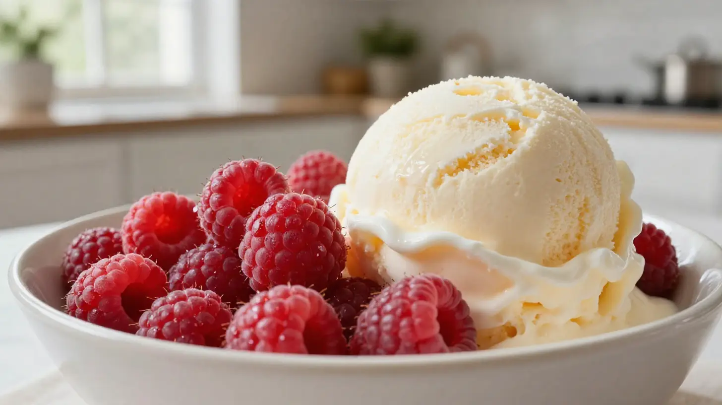 Leckere heiße Himbeeren mit cremigem Vanilleeis, zubereitet im Airfryer.