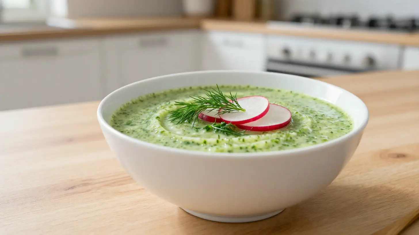 Erfrischende kalte Gurkensuppe aus der Heißluftfritteuse, perfekt für heiße Sommertage.