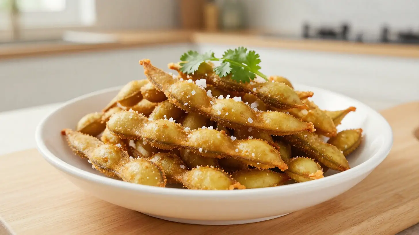 Knusprige Edamame im Airfryer, perfekt gewürzt und einfach zuzubereiten.