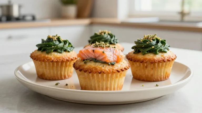 Leckere Lachs-Spinat-Cupcakes, frisch zubereitet im Airfryer für einen gesunden Snack.