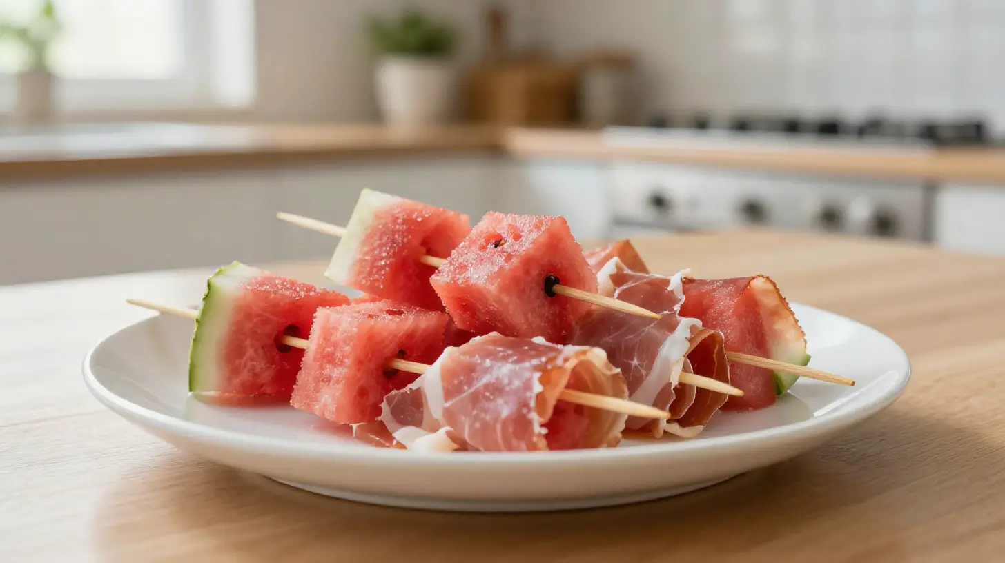 Leckere Melonen-Schinken-Spieße aus der Heißluftfritteuse, perfekt für den Sommer.