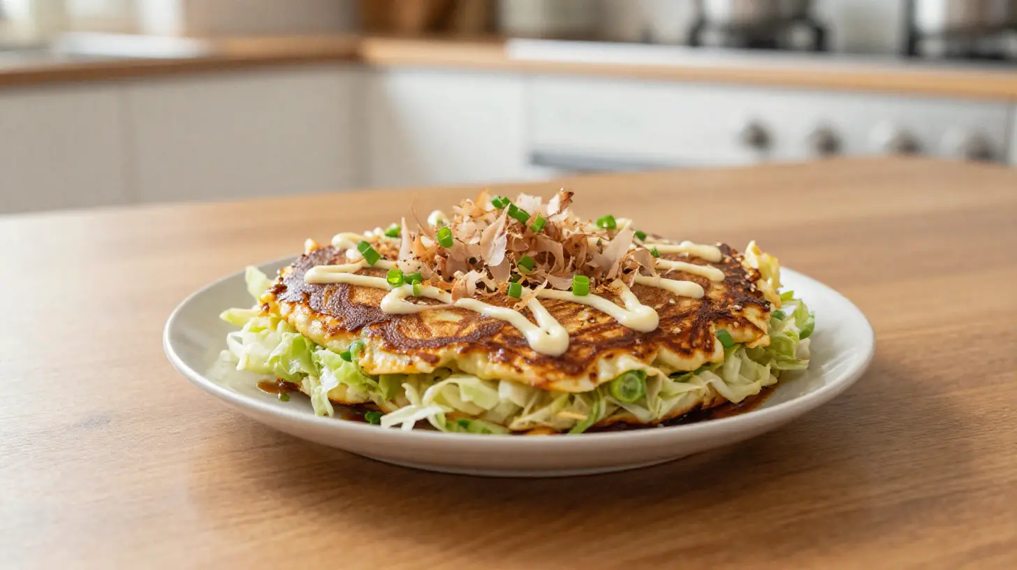 Leckeres Okonomiyaki aus der Heißluftfritteuse mit frischen Zutaten und knusprigem Belag.