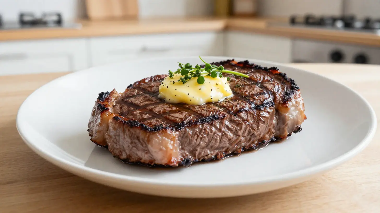 Saftiges Rindersteak mit aromatischer Knoblauchbutter, perfekt zubereitet in der Heißluftfritteuse.
