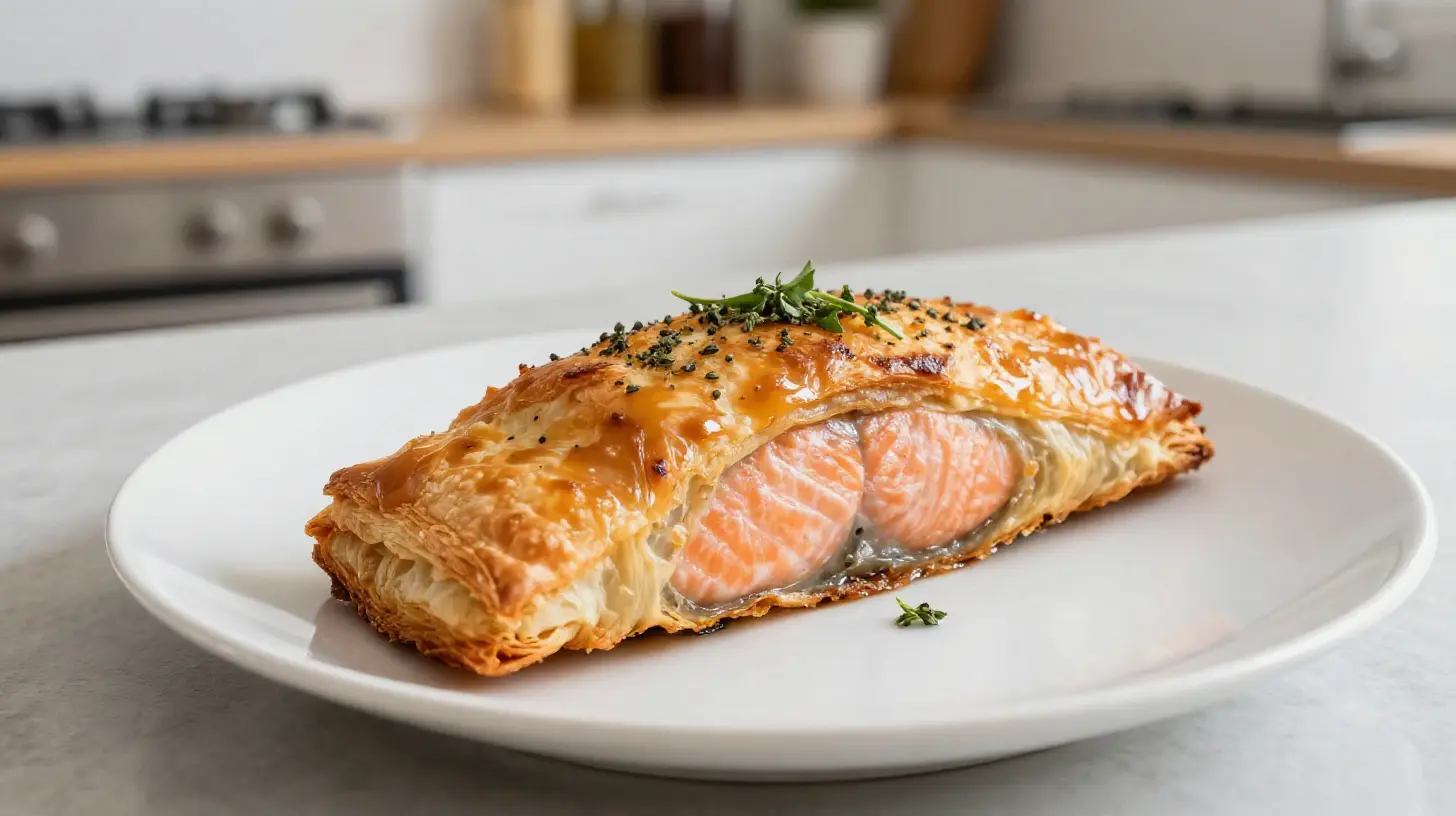 Knuspriger Tandoori-Lachs im Strudelteig aus der Heißluftfritteuse, ideal für ein besonderes Abendessen.