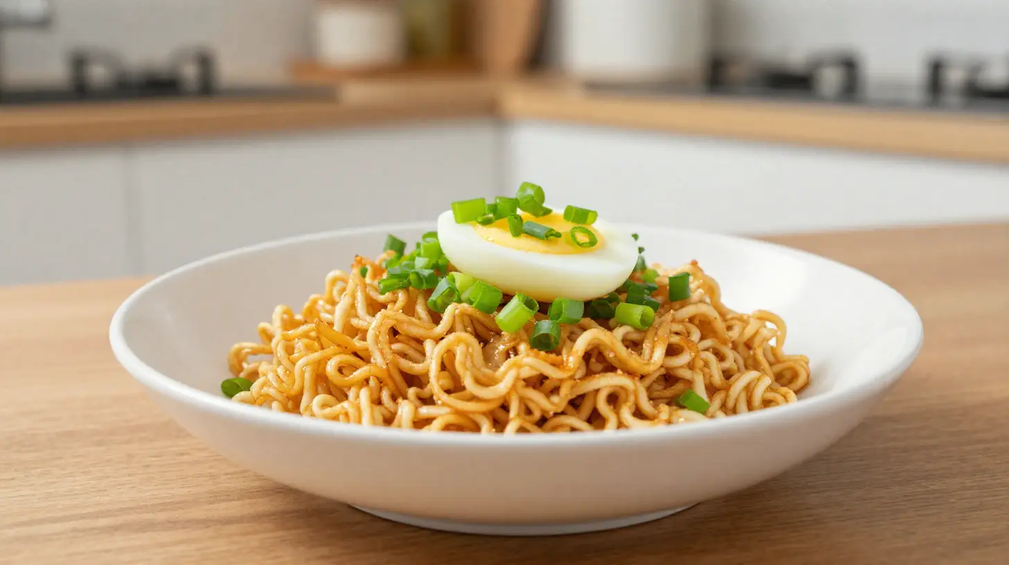 Leckeres Ramen-Gericht, zubereitet im Airfryer mit knusprigen Zutaten und aromatischer Brühe.